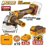 Аккумуляторная угловая шлифовальная машина (УШМ) INGCO CAGLI2120272 INDUSTRIAL 20 В 125 мм 2x5 Ач