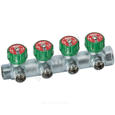 Коллектор латунь 1" ВР/НР на 4 вых 3/4" НР м/о 45мм под евроконус с регулирующими клапанами с вставкой под плоское уплотнение MULTIFAR Far FK 3824 134UN