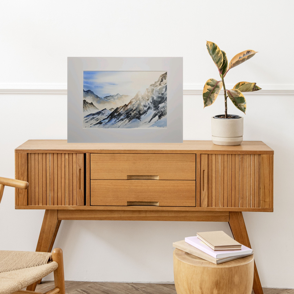 Картина авторская акварельная в паспарту 30х40 см на стену для интерьера "Горный пейзаж в стиле Franco Pretti"