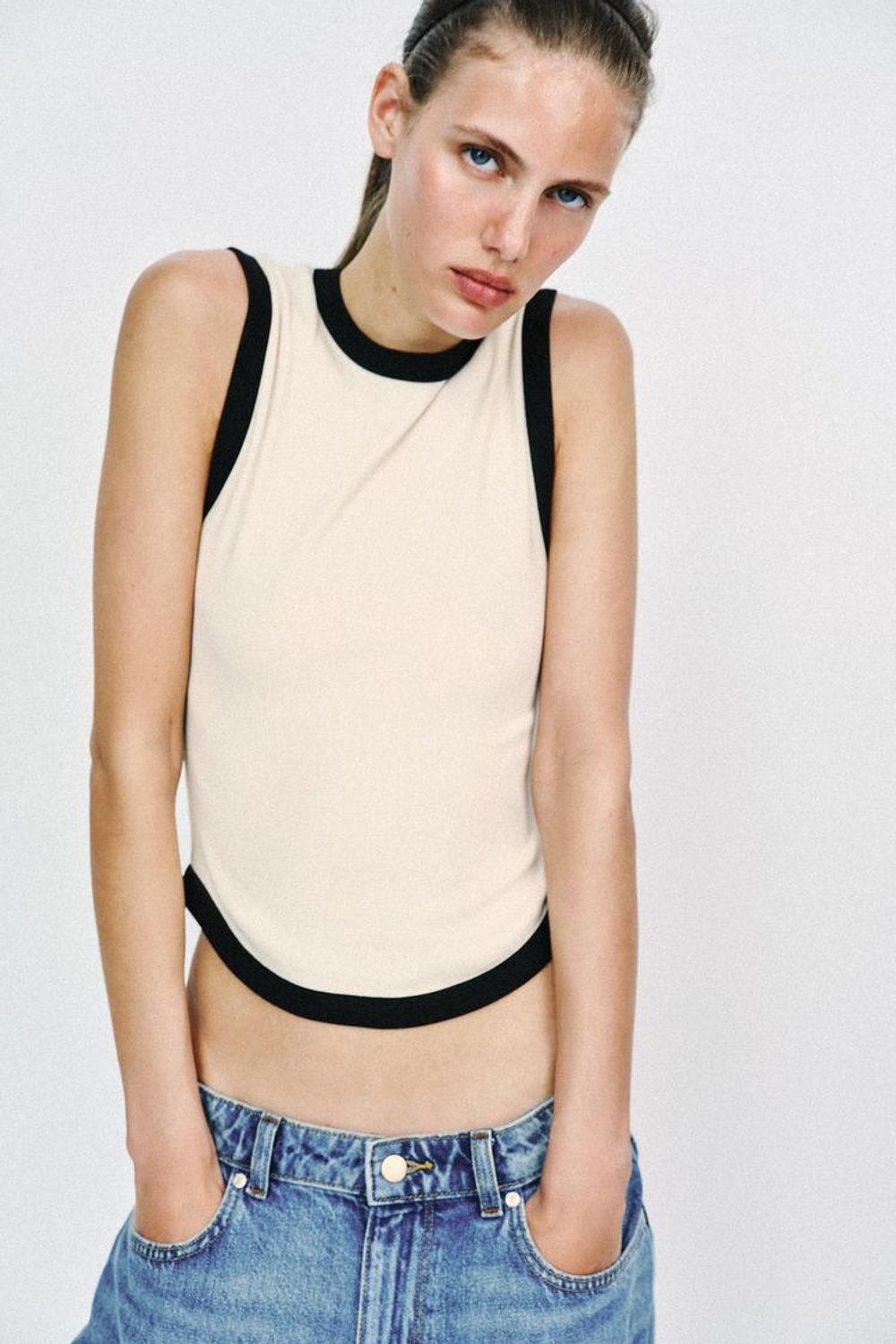 ZARA ФУТБОЛКА С КОНТРАСТНЫМИ ПОЛОСАМИ, ЖЕЛТОВАТО-БЕЛЫЙ