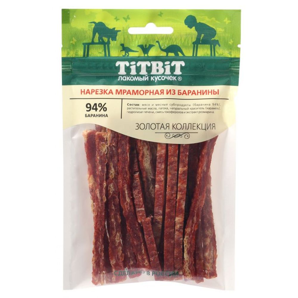 Лакомство для собак TitBit Золотая коллекция Нарезка мраморная из баранины, упаковка 80 г Лакомство для собак TitBit Золотая коллекция Нарезка мраморная из баранины, упаковка 80 г