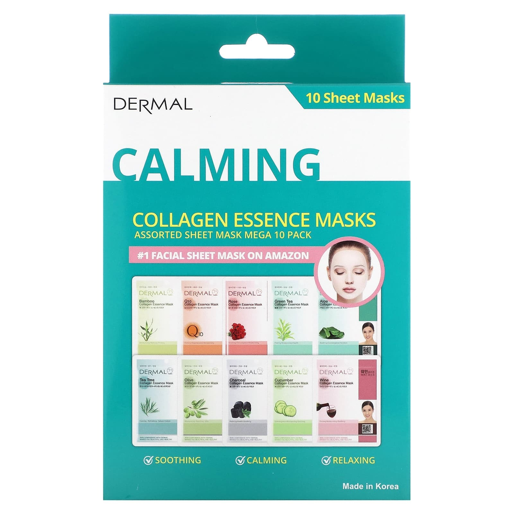 Dermal, Collagen Essence, маски с коллагеном, успокаивающие, ассорти, 10 шт. по 23 г (0,81 унции)