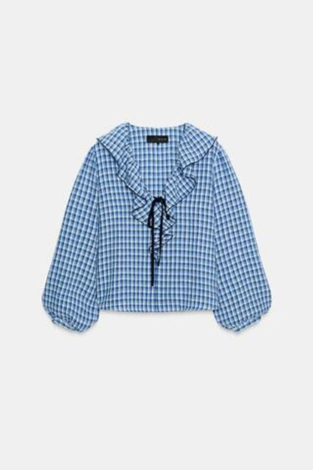 ZARA БЛУЗА В КЛЕТКУ ВИШИ С ВОЛАНАМИ, СИНИЙ/БЕЛЫЙ