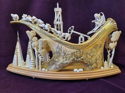 Композиция "На собаках" большая, рог лося, цевка, бук