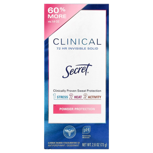 Secret, Антиперспирант / дезодорант с клинической силой, невидимое твердое вещество, защита в виде порошка, 2,6 унции (73 г)
