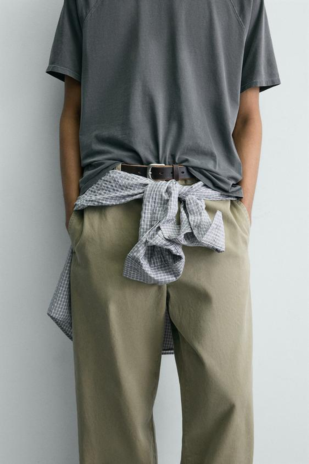 ZARA БРЮКИ ЧИНОСЫ ШИРОКОГО КРОЯ, ЗЕЛЕНЫЙ/СЕРЫЙ