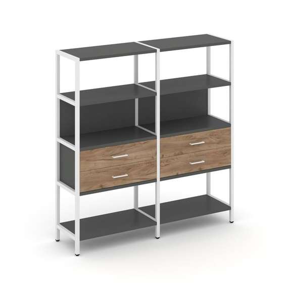 Shelf System Двухсекционный стеллаж четырехярусный с ящиками SN.STM-422 Антрацит/Дуб Табак/Металл Бе