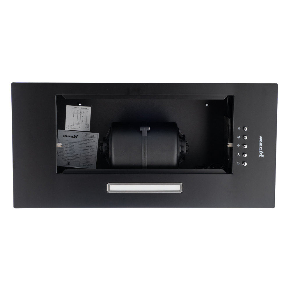 Вытяжка кухонная MACBI S-BOX-60A1 (BLACK) черный, D120мм, 850 м3/ч, полновстраиваемая, мотор 70Ватт, металл 60см, кнопочное управл.