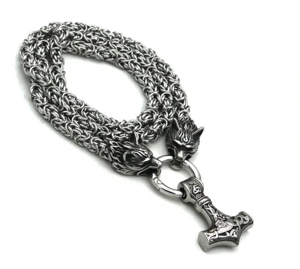 Амулет Древний Скандинавский Символ Молот Тора на цепи Волки Одина В-059-1