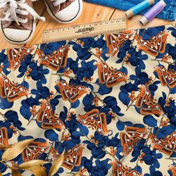 Ткань штапель оранжевые бабочки и синие листья на жёлтом фоне