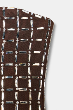 ZARA ТОП ИЗ СЕТКИ С БЛЕСТКАМИ И ОТКРЫТЫМИ ПЛЕЧАМИ, КОРИЧНЕВЫЙ