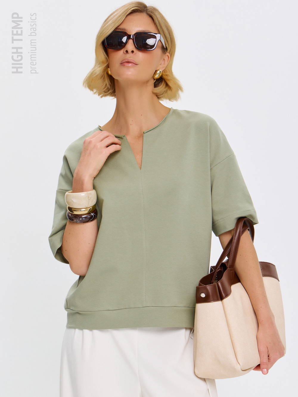 Плотная футболка из футера 2-нитки с V-вырезом HIGH TEMP