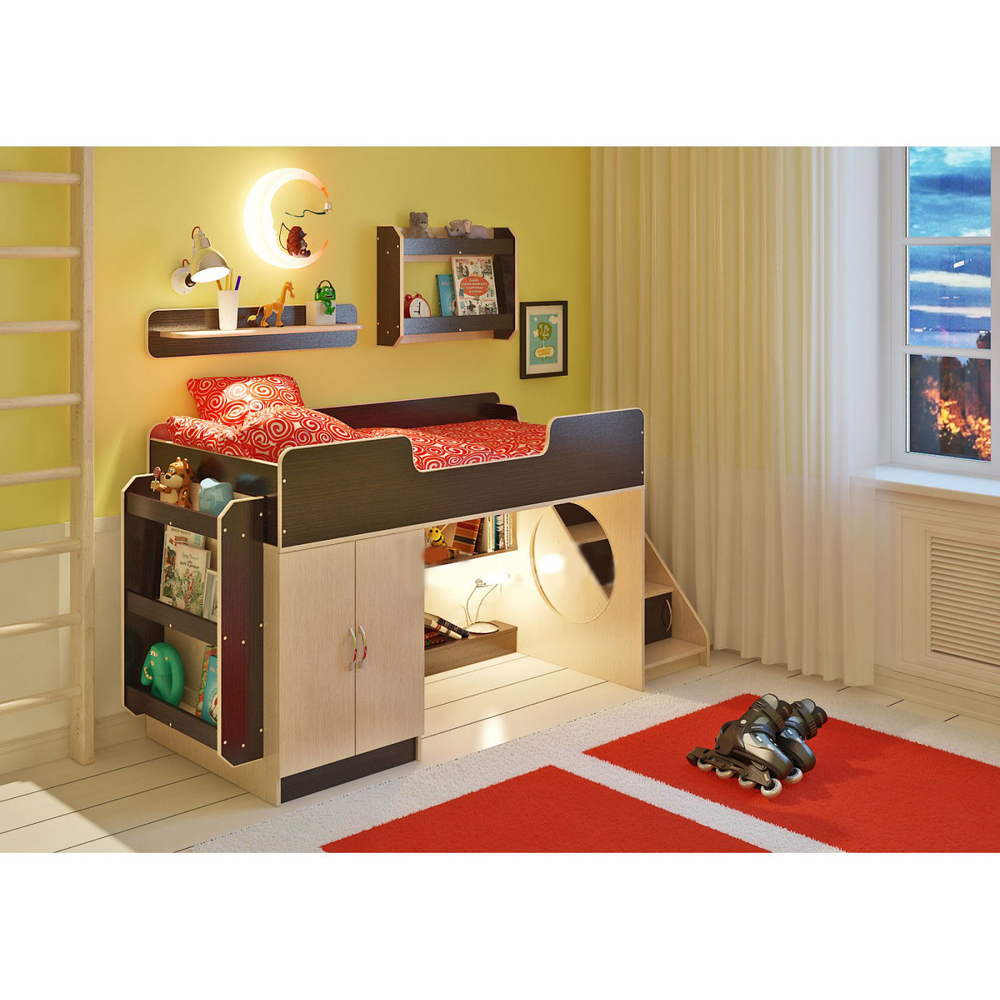 Кровать-чердак КарИВи Легенда 2.4 с полками  Дуб Молочный Венге
