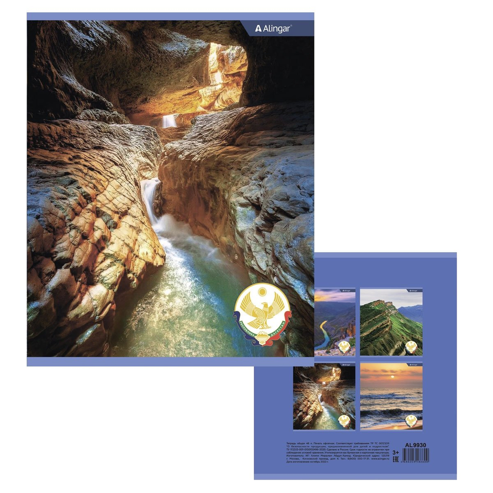 Тетрадь 48л., А5, клетка, Alingar "Nature of Dagestan", скрепка, мелованный картон (стандарт), блок офсет, 4 дизайна в пленке т/у