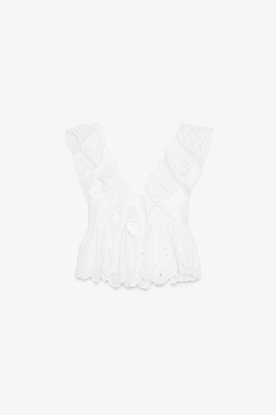 ZARA ТОП С ОБОРКАМИ И АЖУРНОЙ ВЫШИВКОЙ, БЕЛЫЙ