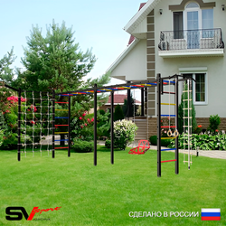Уличная шведская стенка Sv Sport рукоход х 2 с комплектом турник прямой У53855 (Турник/Со спинкой/Кронш бокс/Канат/кольца/лестница/Сетка)