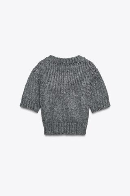 ZARA УКОРОЧЕННЫЙ ТРИКОТАЖНЫЙ ДЖЕМПЕР С V-ОБРАЗНЫМ ВЫРЕЗОМ, СЕРЫЙ