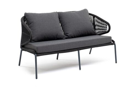 "Милан" диван 2-местный плетеный из роупа, каркас алюминий темно-серый (RAL7024), роуп темно-серый круглый, ткань темно-серая 019