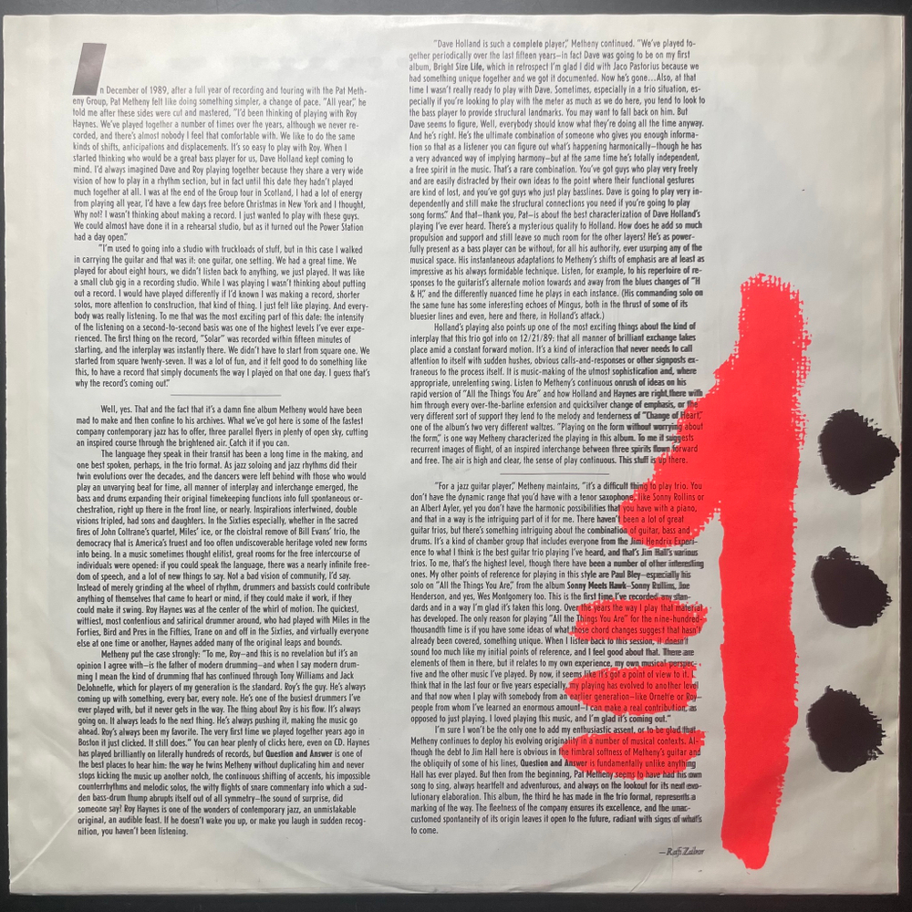 Pat Metheny w/ Dave Holland & Roy Haynes ‎– Question And Answer (Германия 1990г.)