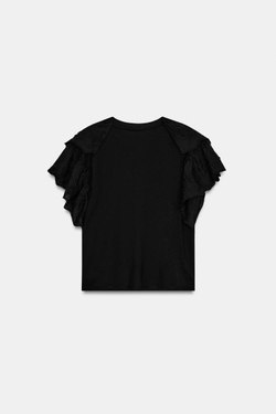 ZARA ФУТБОЛКА С ВОЛАНАМИ И КОРОТКИМИ РУКАВАМИ, ЧЕРНЫЙ