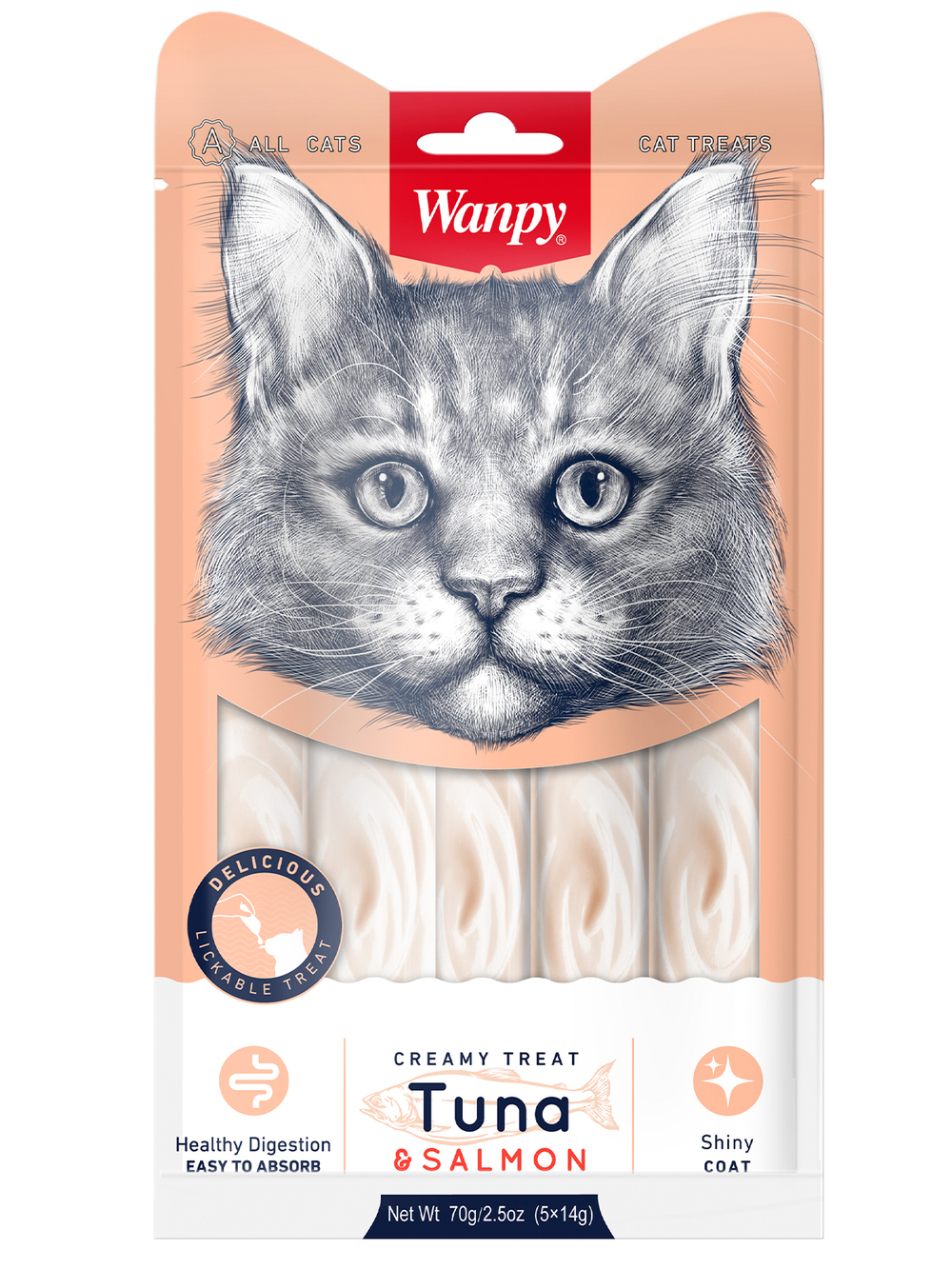 Wanpy Cat Лакомство для кошек «нежное пюре» из тунца и лосося 70 г (5шт х 14г)
