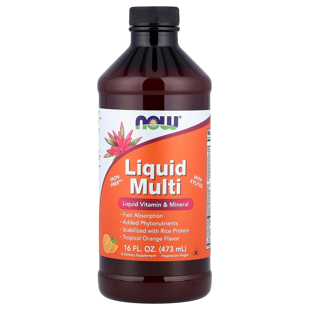 NOW Foods, жидкая мультивитаминная добавка с ксилитолом, без железа, тропический апельсин, 473 мл (16 жидк. унций)
