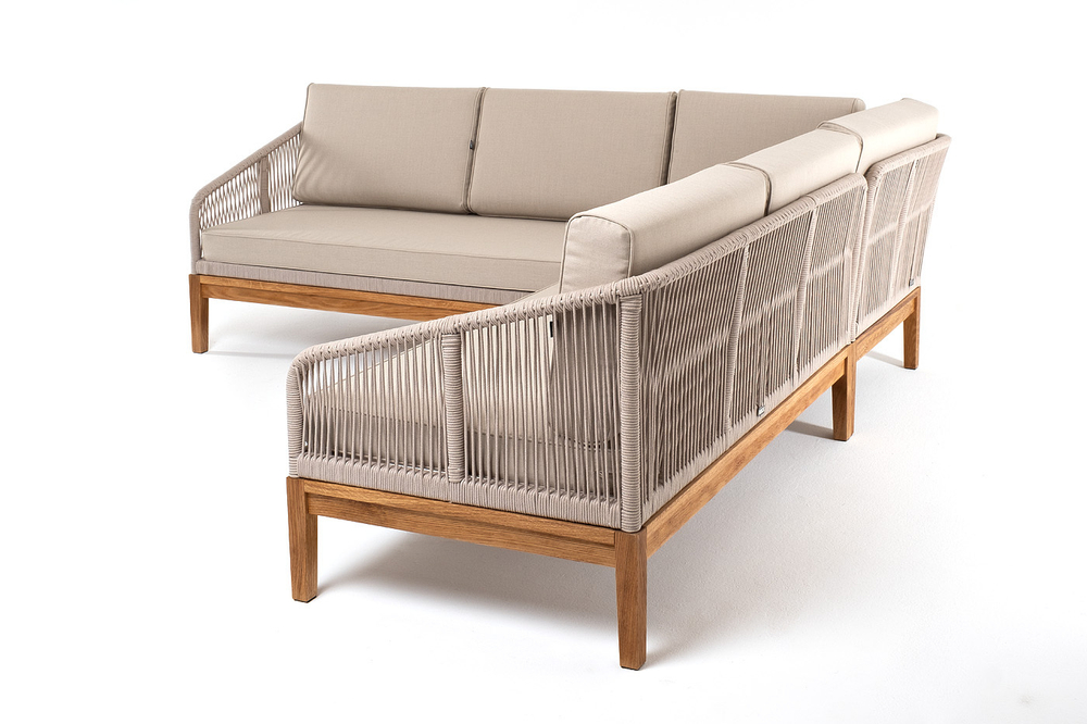 "Канны" диван модульный плетеный из роупа, основание дуб, роуп бежевый круглый, ткань бежевая 15052