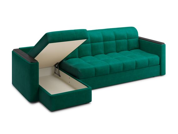 Диван угловой с оттоманкой Неаполь 1,8 - Velutto 33 изумрудный/накладка венге
