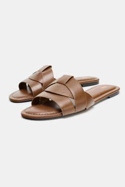 ZARA КОЖАНЫЕ САНДАЛИИ СО СКРЕЩЕННЫМИ РЕМЕШКАМИ, КОРИЧНЕВЫЙ