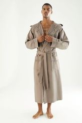 Вафельный мужской халат с капюшоном 24680 бежевый NUSA