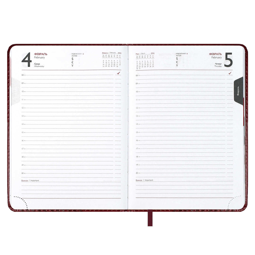 Ежедневник датированный 2026 ESCALADA, А5, 176 л., арт. 70220/ 15 САРИФ БОРДОВЫЙ (кожзам: 146x211 мм, твёрдый переплёт с поролоном, материал обложки: искусственная кожа "Сариф"; декор: блинтовое тиснение; способ крепления блока: ниткошвейный; вн. бло