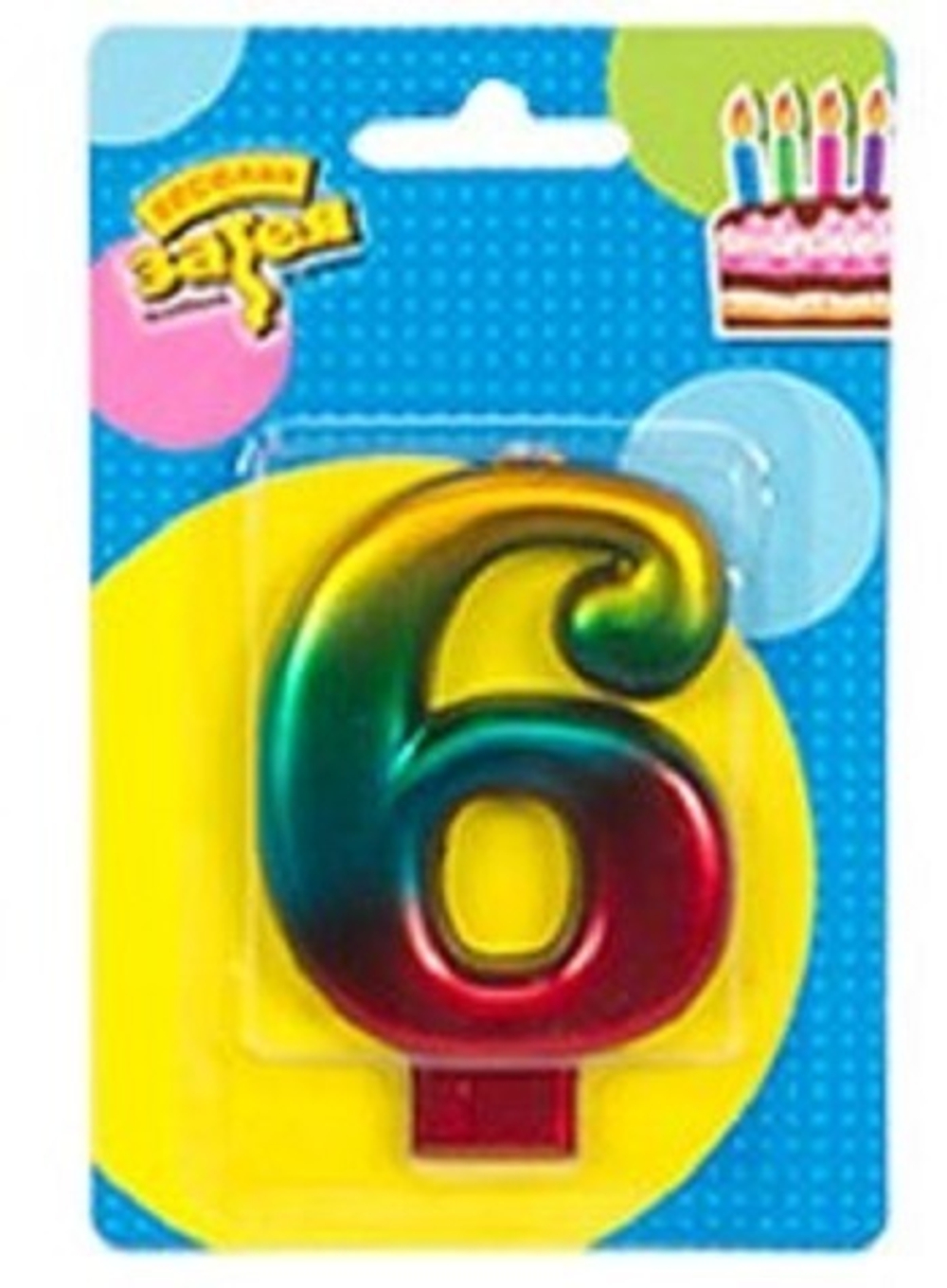 Свеча -цифра "6" Радуга металлик 8см/V