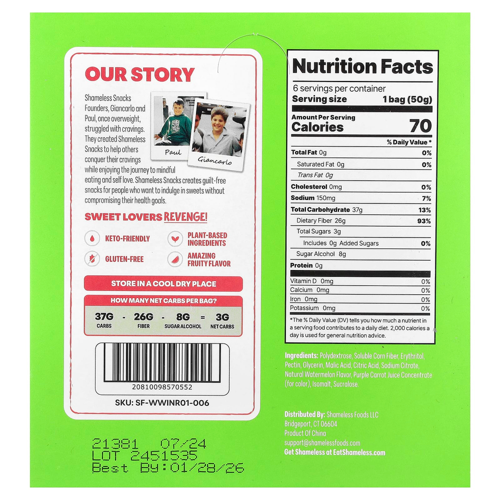 Shameless Snacks, Wassup Watermelon®, жевательные конфеты, 6 пакетиков по 50 г (1,8 унции)