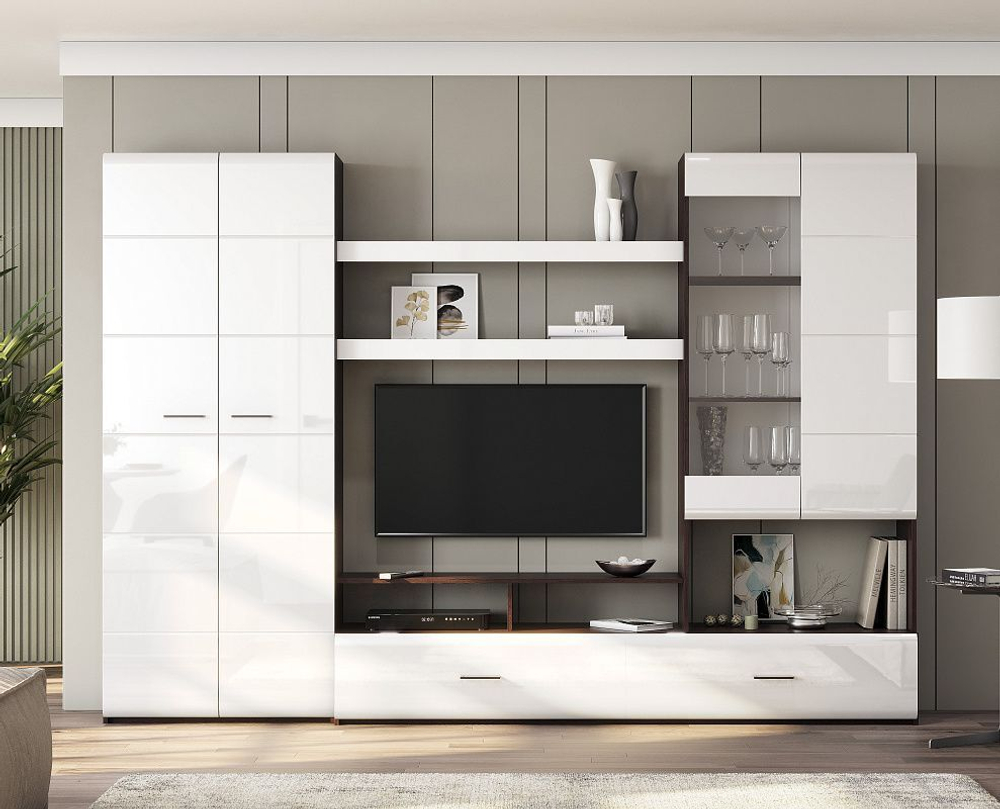 Стенка в гостиную со шкафом Белый/Цемент Светлый, МГС, 150х38х153,5 см SV-Мебель