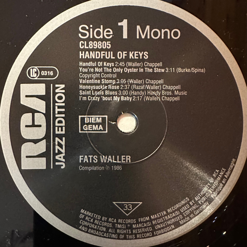 Fats Waller ‎– Handful Of Keys (Германия 1986г.)