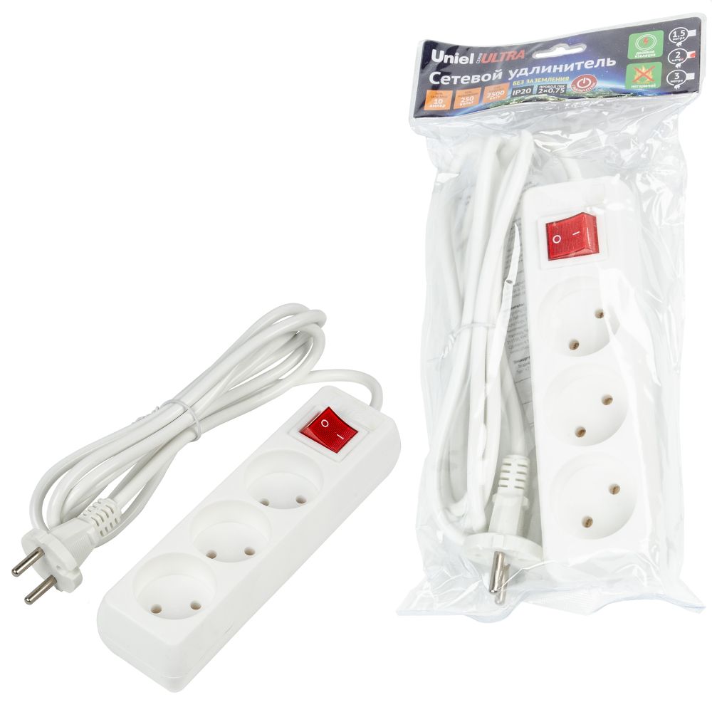 S-CU3-2B WHITE Удлинитель серии Ultra, шнур 2м., 3 гнезда, 10A, б/з. Белый. TM Uniel