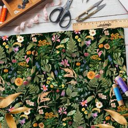 Ткань шифон цветы, колосья и трава на чёрном фоне