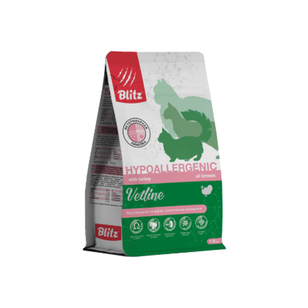 Сухой корм для кошек полнорационный диетический при аллергии и атопическом дерматите Blitz Vetline Hypoallergenic Dry Cat Food 1,5кг