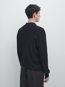 Massimo Dutti Трикотажный свитер из смесового хлопка с воротником-поло, темно-синий