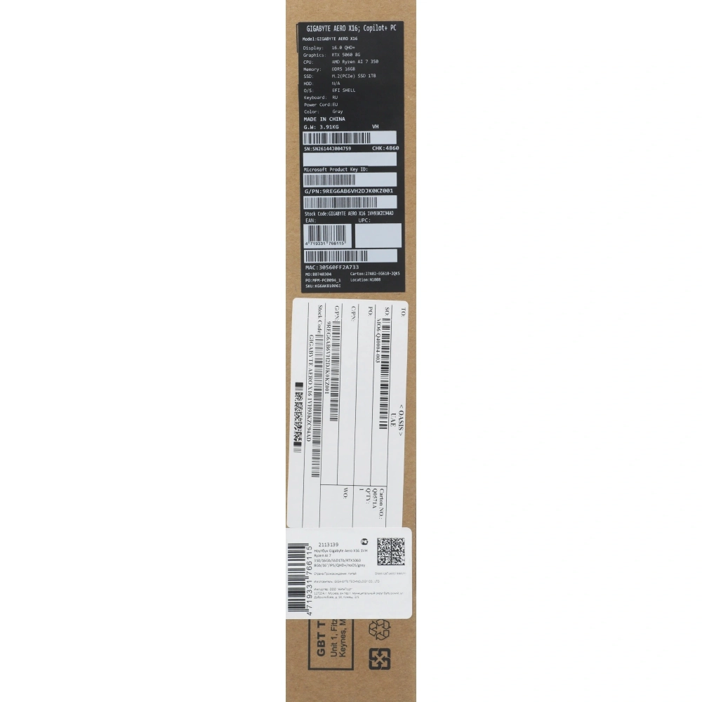 Ноутбук Gigabyte Aero X16 1VH Ryzen AI 7 350 16Gb SSD1Tb RTX5060 8Gb 16" IPS QHD+ без ОС grey (1VH93KZC94AD)