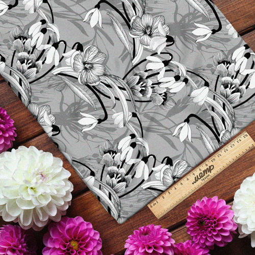 Ткань габардин серый цветочный орнамент
