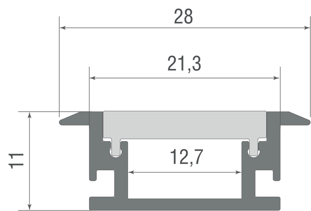 Встраиваемый алюминиевый анод. профиль в пол,  28х11х2000мм. В комплекте матовый экран,  4 торцевые заглушки,  алюминий