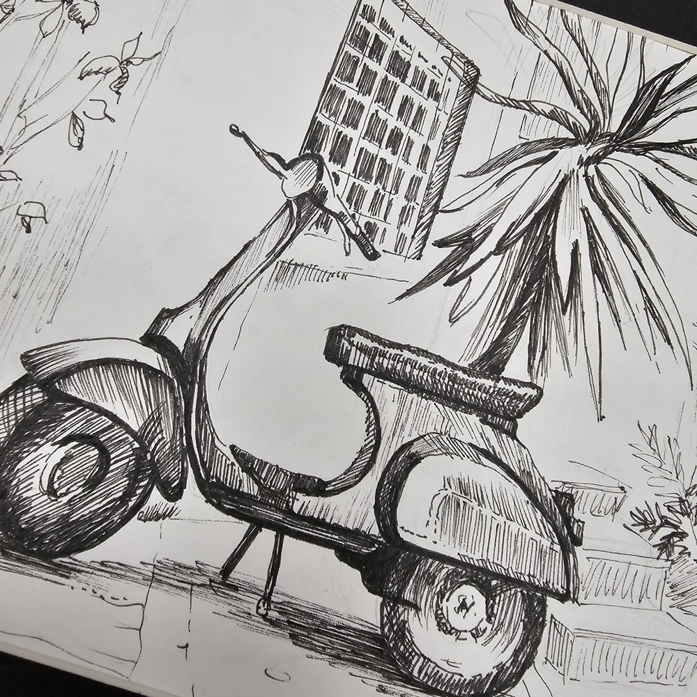 Картина, графика в паспарту 21х30 см на стену для интерьера "Мопед"