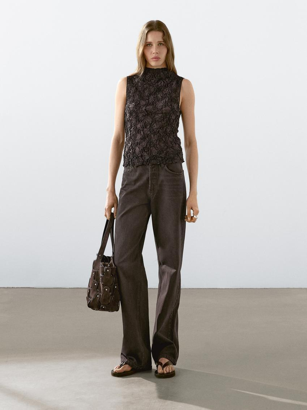 Massimo Dutti Топ из жатой ткани, шоколадный