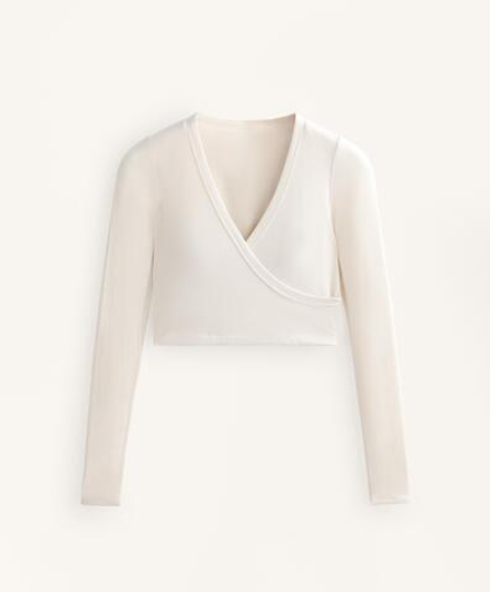 Oysho Топ Comfortlux с перекрестными деталями и длинными рукавами, экрю