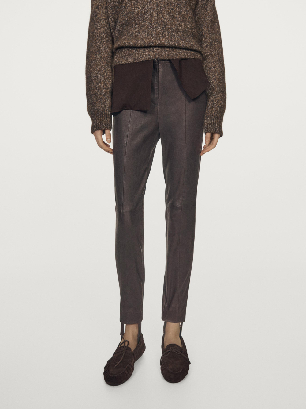 Massimo Dutti Легинсы из кожи наппа с эластичной отделкой, коричневый