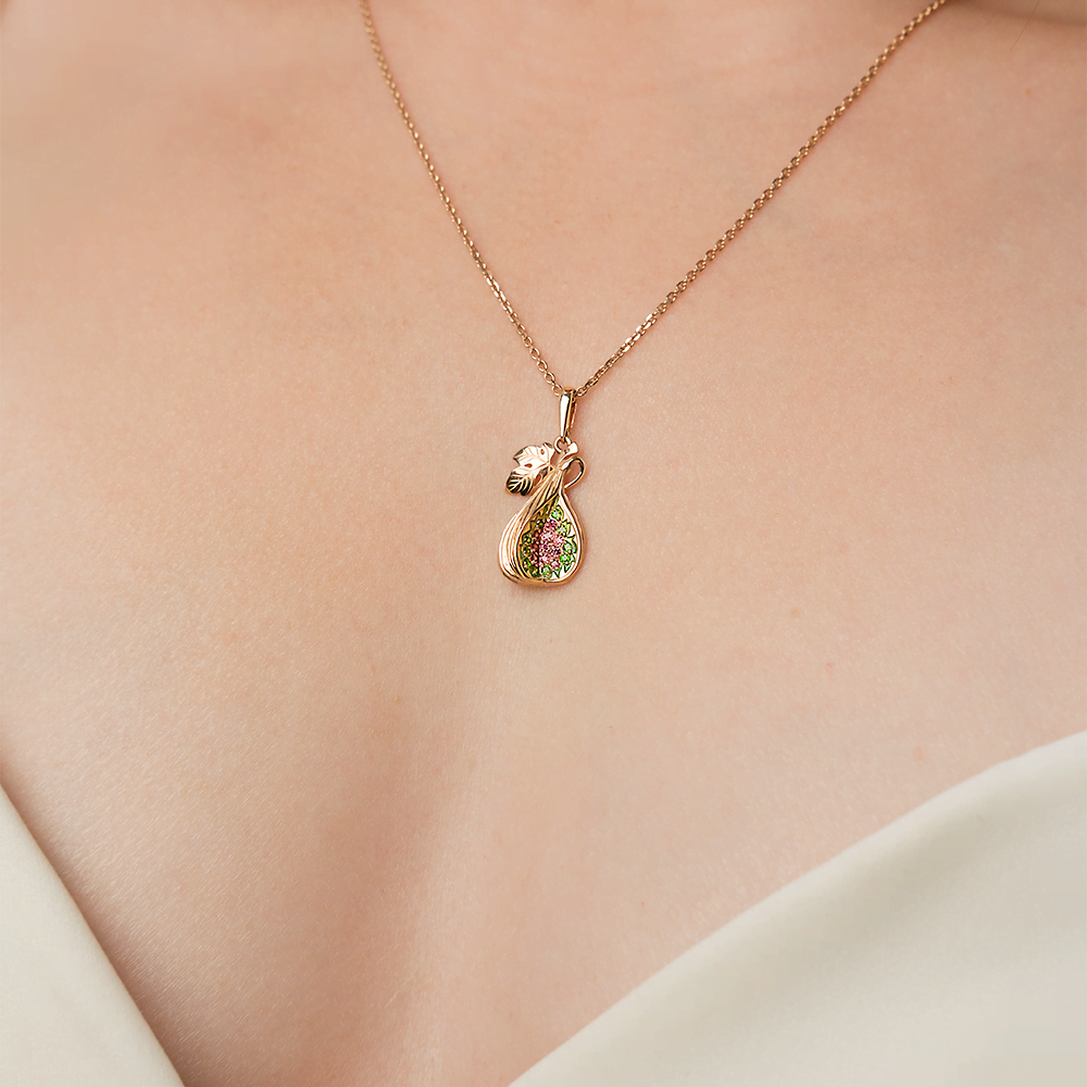 Подвеска «Инжир» из красного золота с гранатами, хромдиопсидами и эмалью