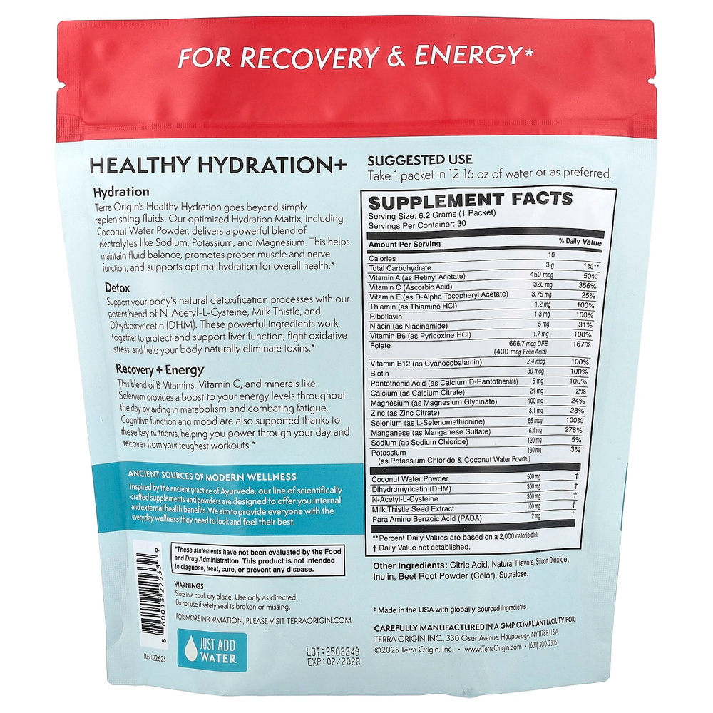 Terra Origin, Healthy Hydration+, клюквенный лаймад, 30 пакетиков On the Go, 6,2 г (0,22 унции) каждый