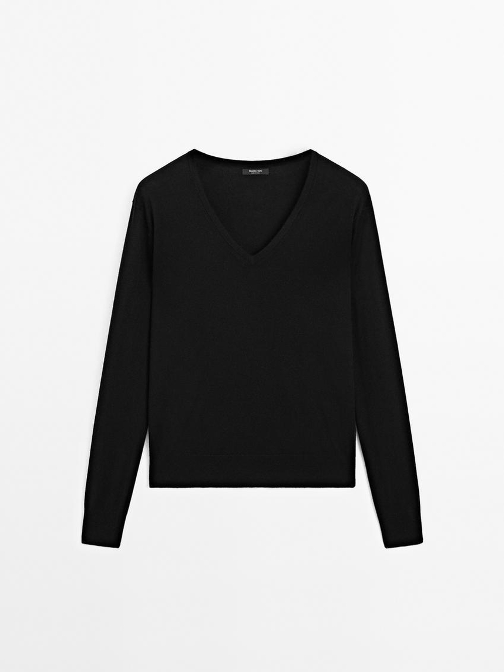 Massimo Dutti Свитер из смесовой шерсти с V-образным вырезом, черный