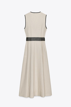 ZARA ПЛАТЬЕ-МИДИ ИЗ ЛЬНА С ПОЯСОМ, СВЕТЛО-БЕЖЕВЫЙ